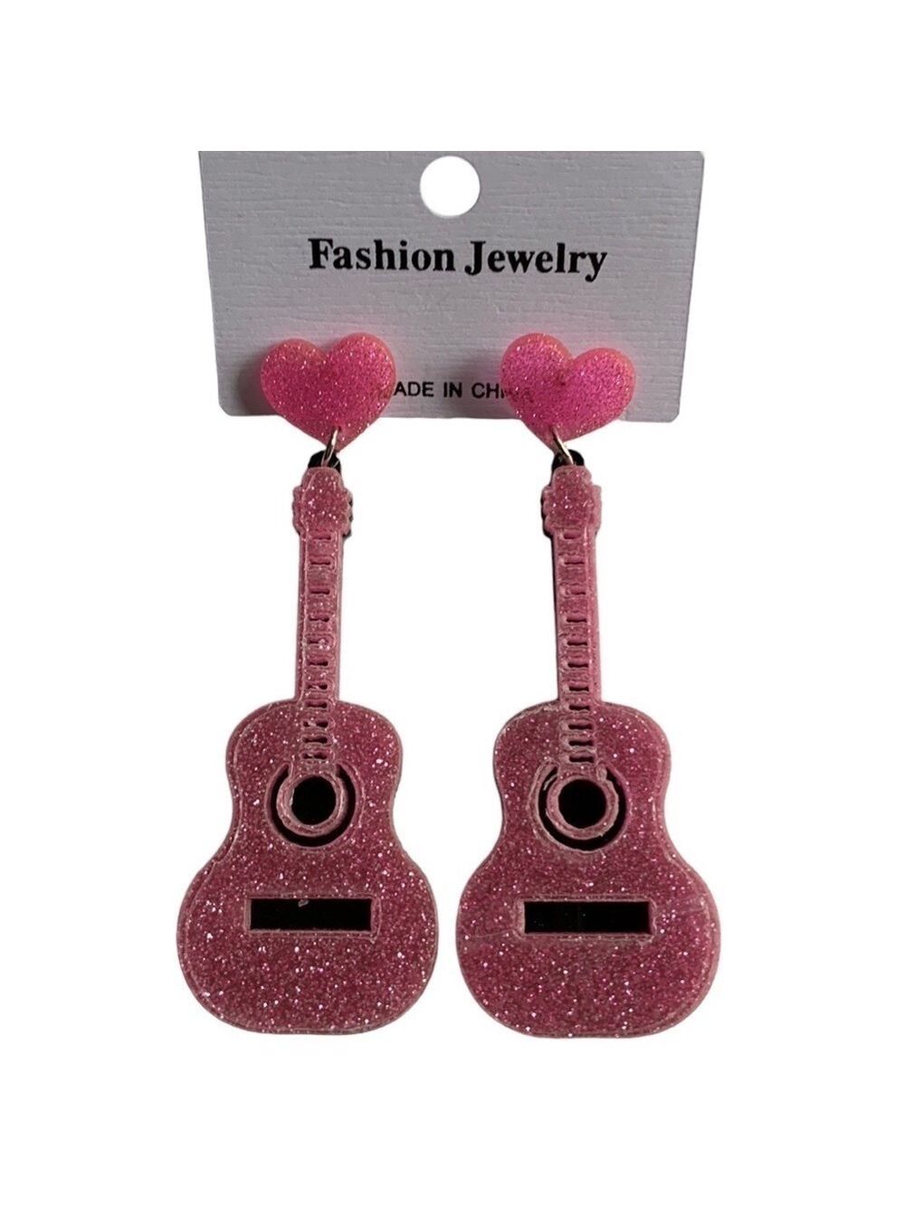 PINK Acrylic Guitar Pierced Bling Earrings